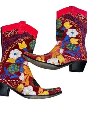Turkish Sole Womens Embroirered Red Leather Cowboy Boots 40 10